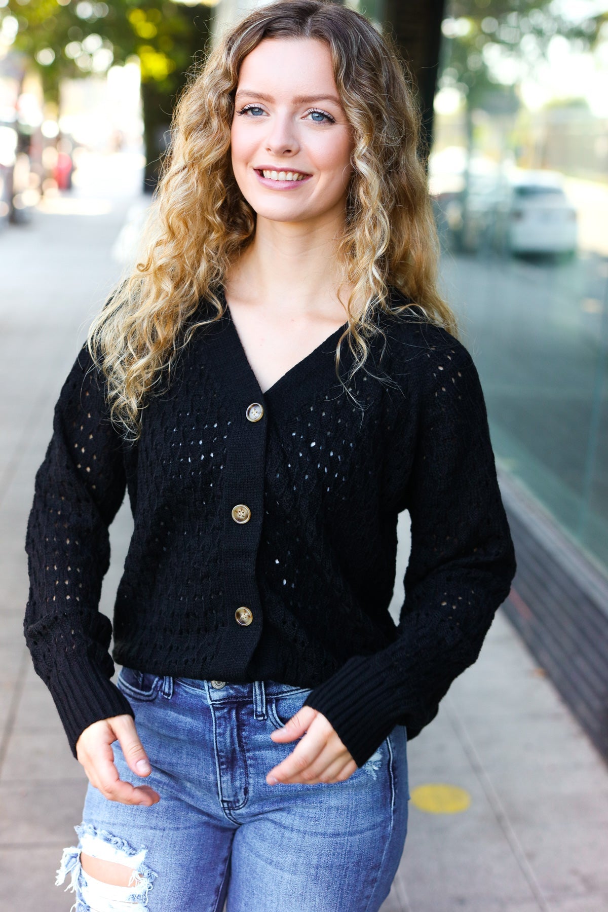 Stylish Black Pointelle Knit Button Down Cardigan for Women | Elegant Lace Knit Sweater | Perfect for Office, Date Night & Fall Layering