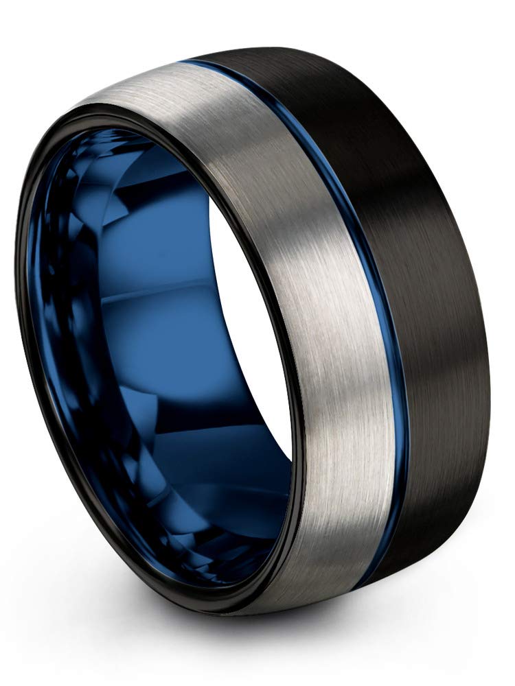 10mm Tungsten Carbide Wedding Band Ring for Men & Women - Blue Black Center Line, Dome Black Grey, Half Brushed Polished - Custom Engraved Anniversary & Engagement Ring - Perfect for Weddings, Proposals & Special Occasions