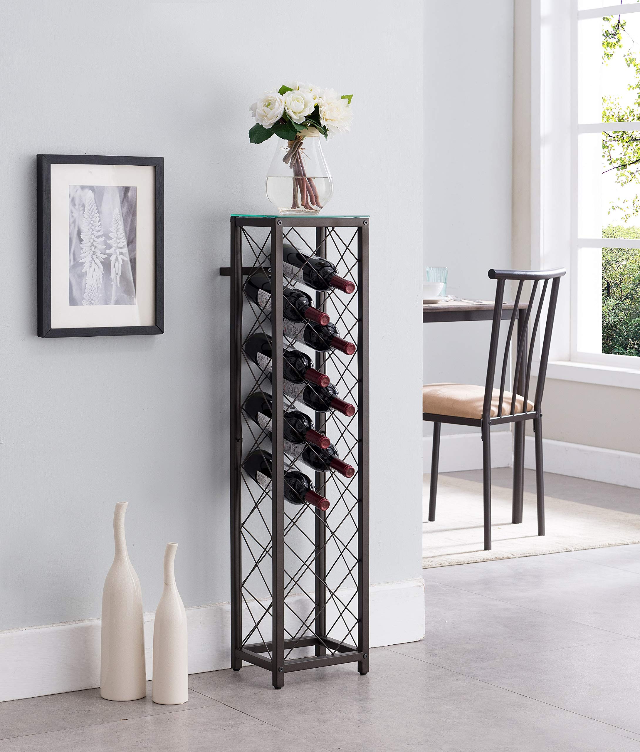 KB Designs - 13 Bottle Freestanding Floor Wine Rack Tower with Pewter Finish - Perfect for Dining Room, Kitchen, or Wine Cellar Storage & Display