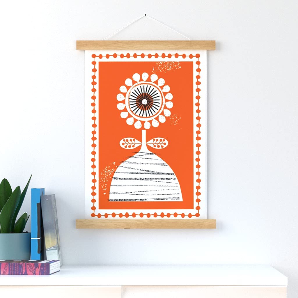 Folk Art Floral Print Wall Hanging - Orange Mid Century Modern Flower Vase Art with Wooden Hanger | Home Decor, Living Room, Bedroom, Office Wall Art