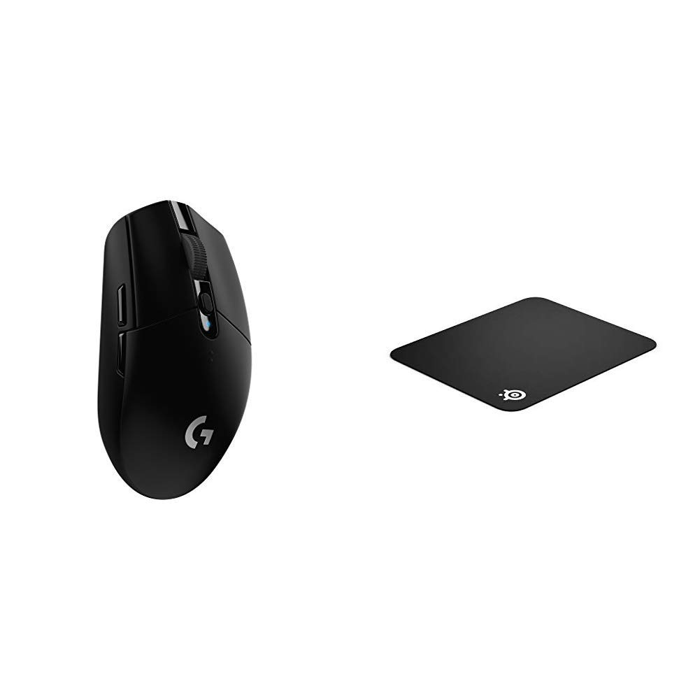 Logitech G305 Wireless Gaming Mouse - HERO Sensor - EU Version - Black | SteelSeries QcK Gaming Mouse Pad - 320mm x 270mm x 2mm - Cloth Surface - Rubber Base - Black - Perfect for PC & Console Gaming Setup