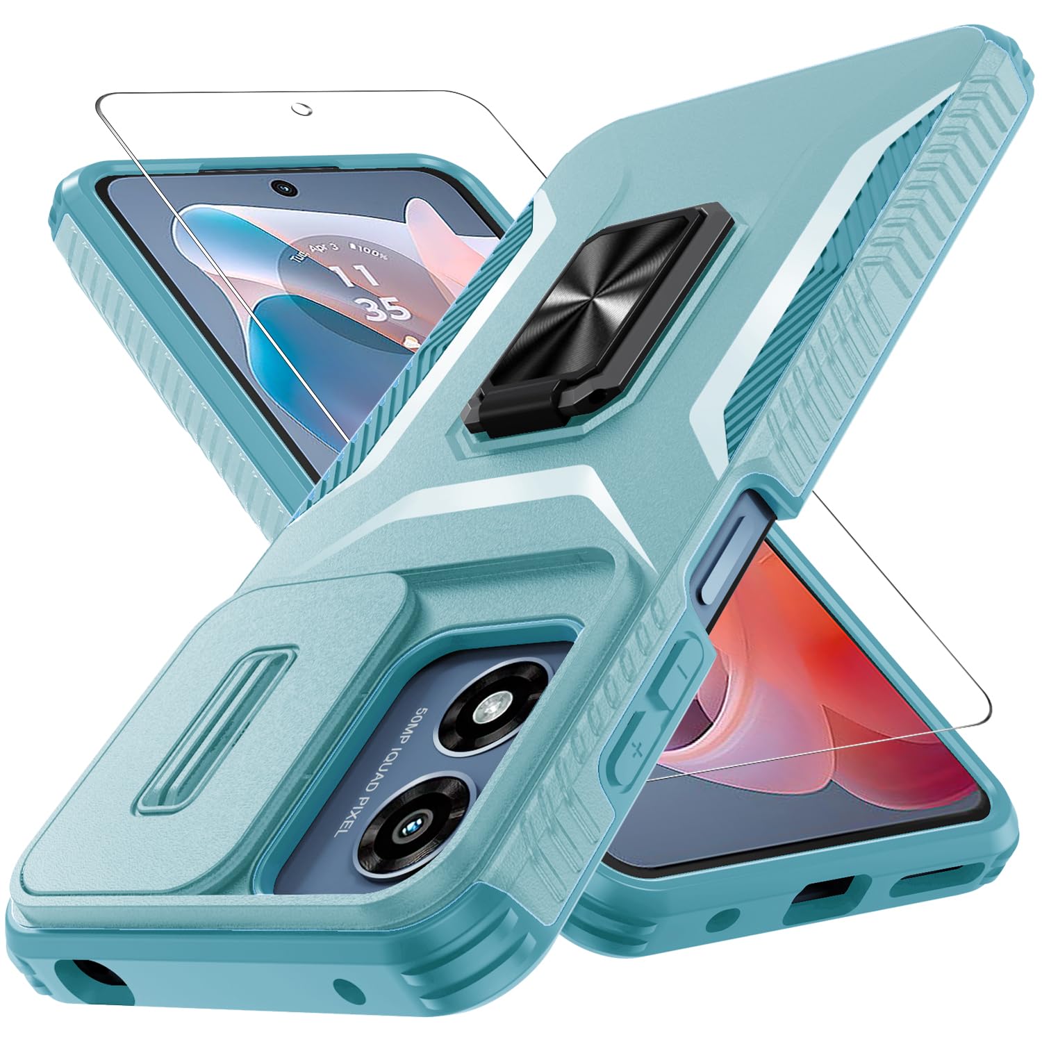 Motorola Moto G Play 2024 Case with Tempered Glass Screen Protector - Heavy Duty Shockproof Phone Cover with Rotating Ring Kickstand & Camera Lens Protector (Mint Green) | Perfect for Outdoor Activities, Work & Daily Protection