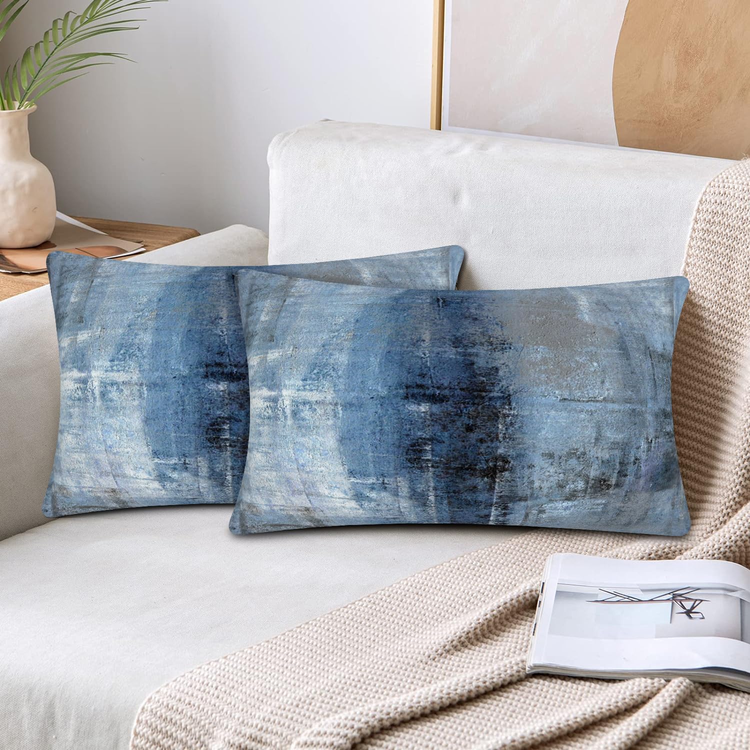 Blue and Grey Abstract Art Throw Pillow Covers Set of 2 - 12x20 Inch Modern Decorative Cushion Covers for Sofa, Bedroom & Living Room - Perfect for Home Decor, Accent Pillows and Cozy Interior Styling