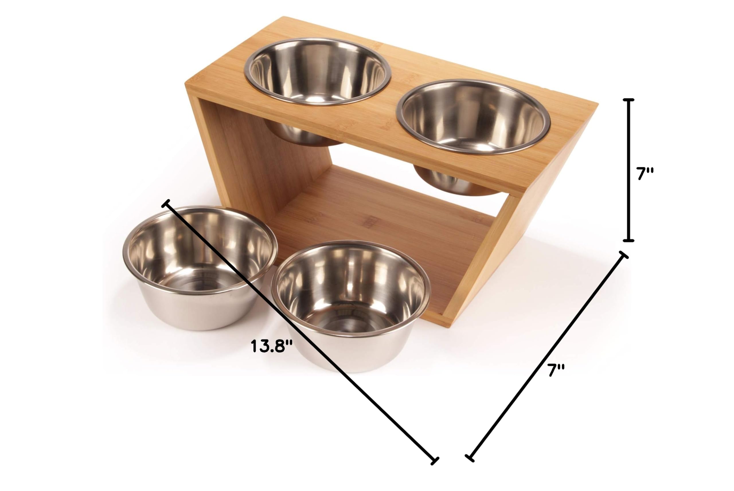BambooMN Elevated Dog Bowl Feeder Stand - 100% Natural Bamboo with 4 Stainless Steel Bowls for Food & Water - Medium Size for Medium Dogs - Perfect for Indoor & Outdoor Feeding