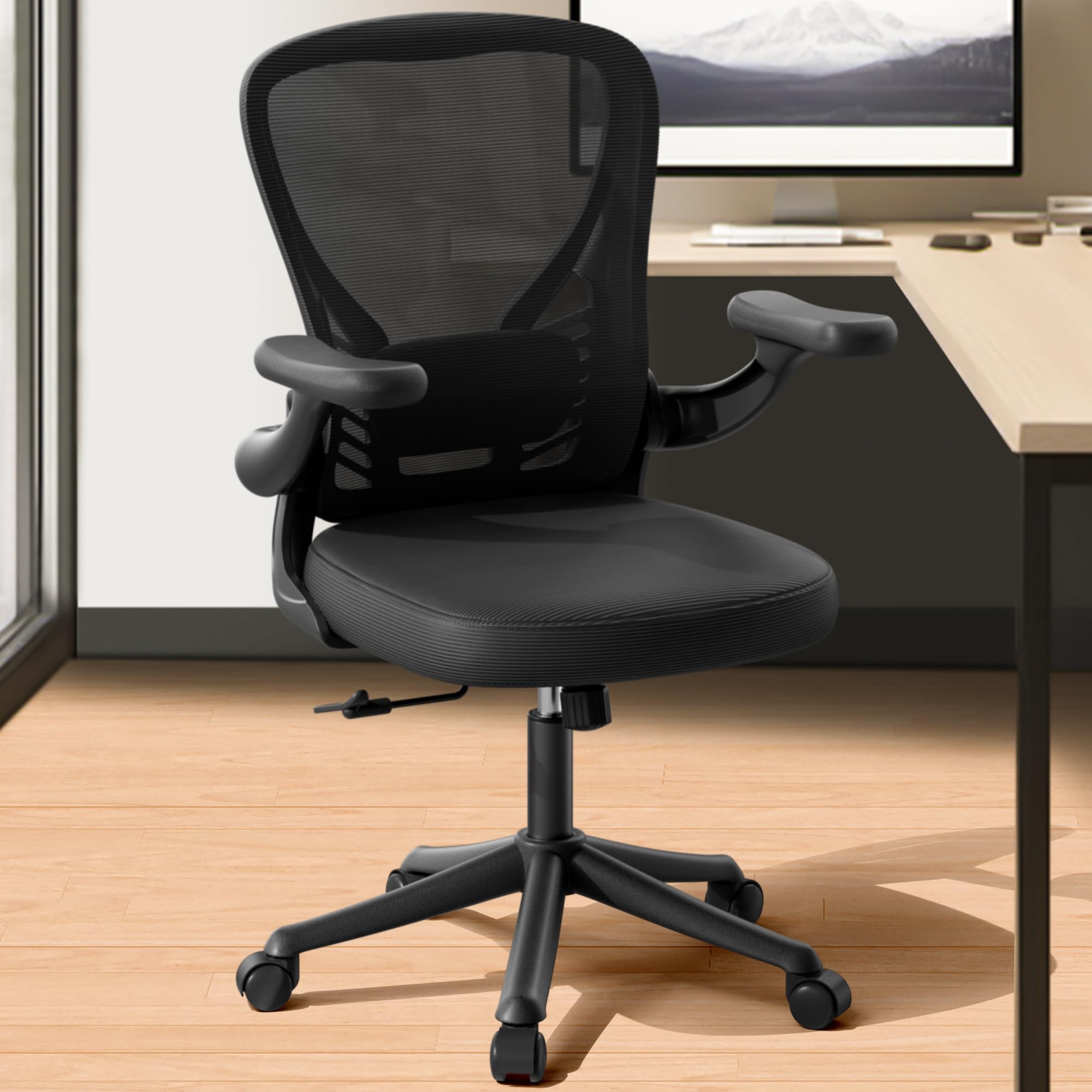 Ergonomic Mesh Office Chair with Wheels - Adjustable Lumbar Support & Flip-Up Arms, Swivel Computer Desk Chair for Home & Office Use - Comfortable Black Task Chair for Long Working Hours