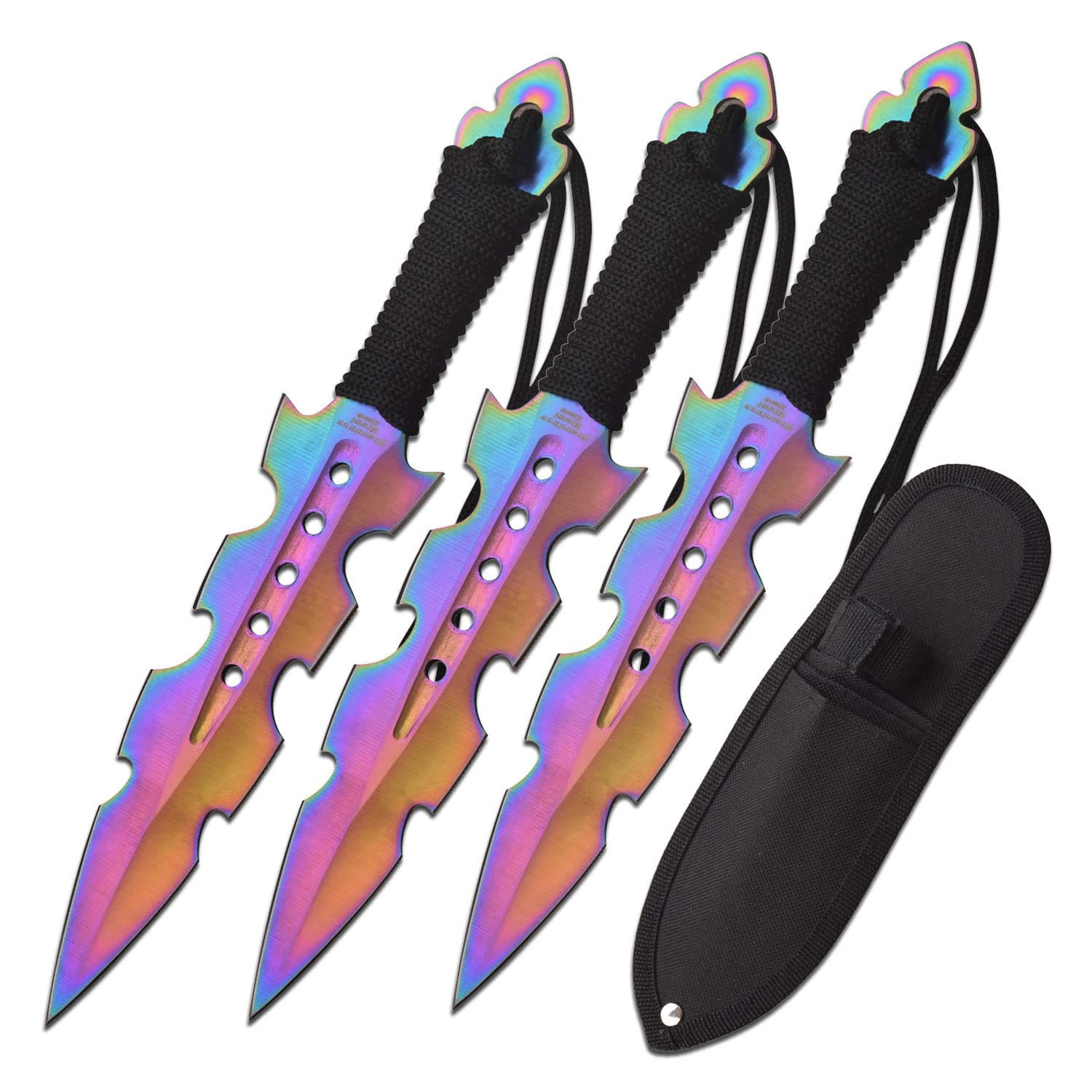 Premium Throwing Knife Set of 3 - Rainbow TiNite Coated Stainless Steel Blades with Black Paracord Handles - Well Balanced for Target Practice & Outdoor Survival - Includes Nylon Sheath - Perfect for Knife Throwing Sports, Camping & Bushcraft Activities