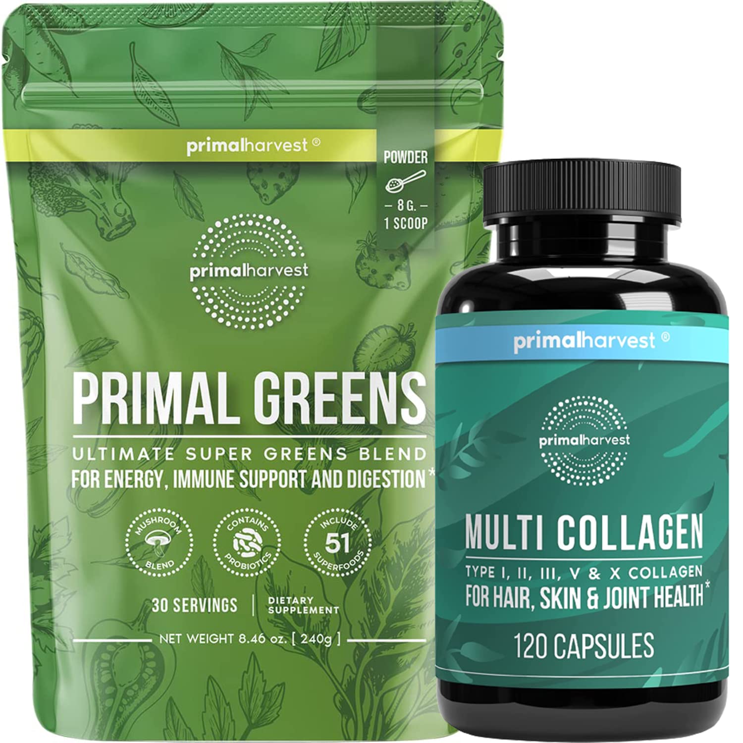 Primal Harvest Super Greens & Multi Collagen Capsules for Women and Men - Organic Superfood Powder with Collagen Peptides for Hair Growth, Skin Health & Nail Strength - Daily Wellness Supplement for Energy & Detox