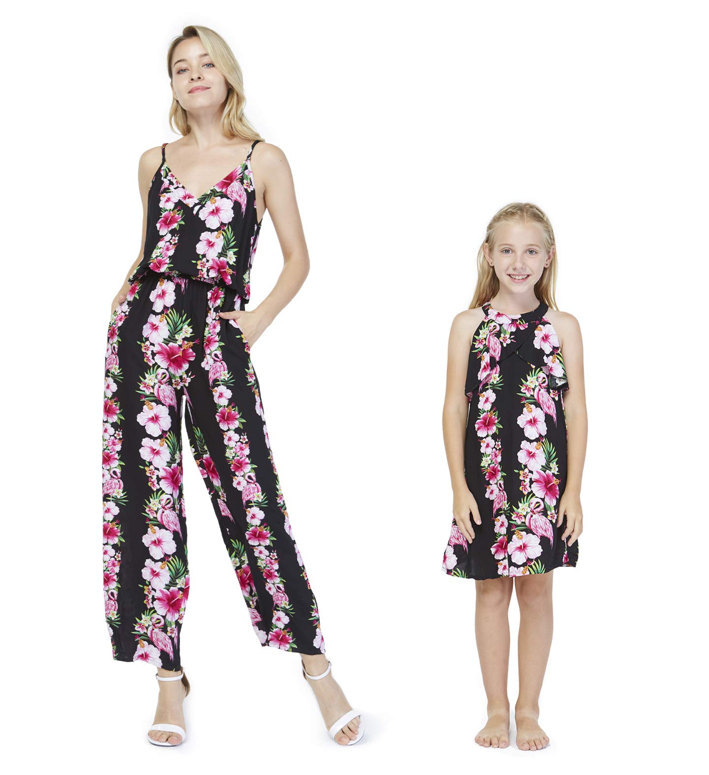 Hawaiian Luau Matching Outfits for Mother and Daughter - Pink & Black Hibiscus Vine Jumpsuit & Ruffle Dress Set | Tropical Beach Party, Family Vacation, Photo Shoot, Summer Festival Outfits