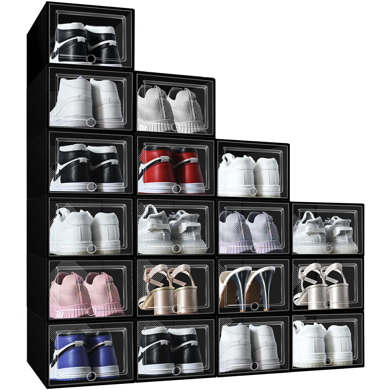 18 Pack X-Large Clear Plastic Shoe Storage Boxes - Stackable Shoe Organizer Containers for Sneakers & Boots (Fits Size 11) | Perfect for Closet Organization, Under Bed Storage & Displaying Shoe Collections