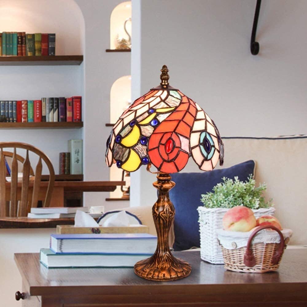 Tiffany Style Stained Glass Table Lamp - Peacock Tail Design Desk Light for Living Room, Bedroom, Office (20x25cm) | Elegant Home Decor, Reading Light, Gift Idea