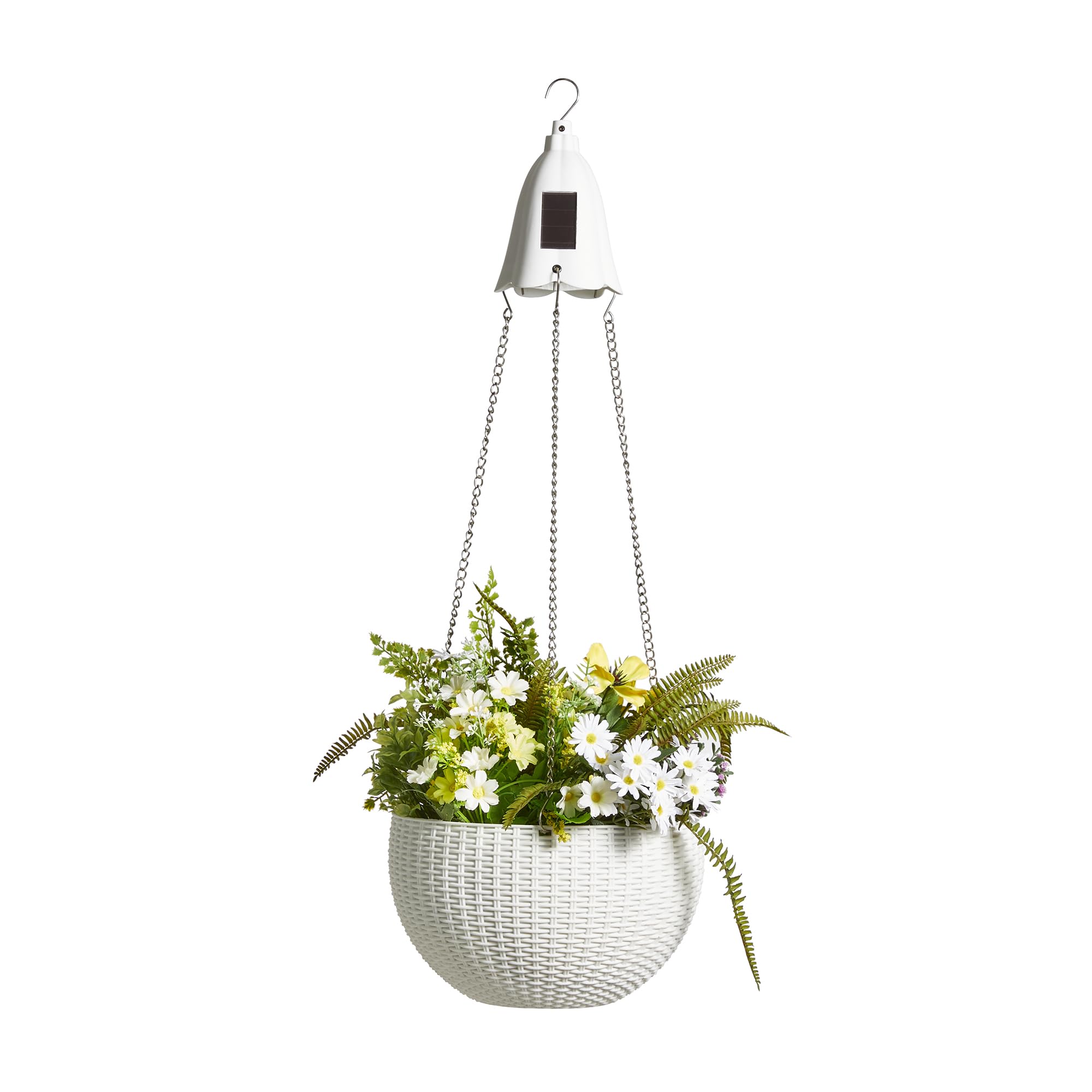 Glitzhome 30 Inch White Plastic Hanging Planter with Solar Lights - Outdoor Indoor Plant Hanger with Chain for Patio, Garden, Balcony & Home Decor