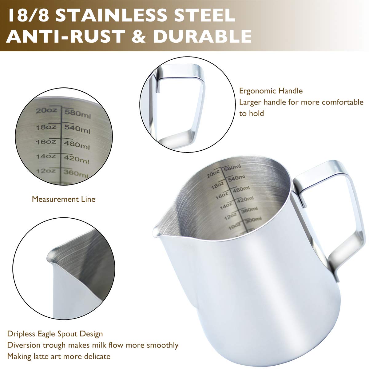 CAMKYDE 20 oz Stainless Steel Milk Frothing Pitcher for Espresso, Cappuccino & Latte Art - Barista-Grade Coffee Steaming Jug with Decorating Pen - Perfect for Home Cafes & Professional Coffee Shops