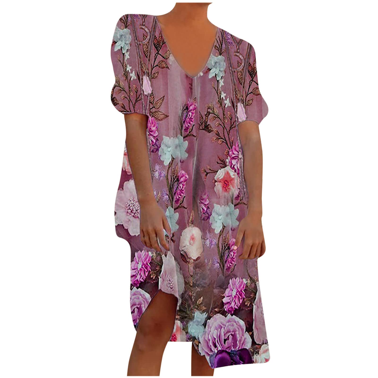 Women's Summer Casual Short Sleeve Floral Print V-Neck Mini Shift Dress - Loose Fit Comfortable Short Dress for Beach, Vacation & Daily Wear