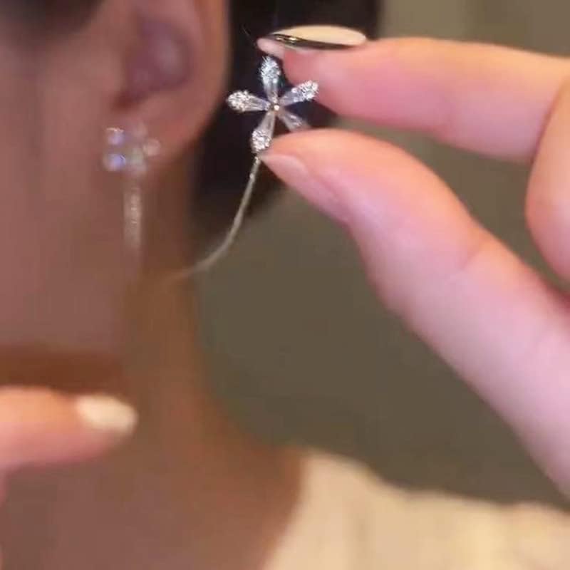 Sparkling Diamond Flower Earrings for Women - Elegant Crystal Tassel Drop Dangle Earrings with Geometric Zircon Design | Perfect for Parties, Weddings & Date Nights (Gold)