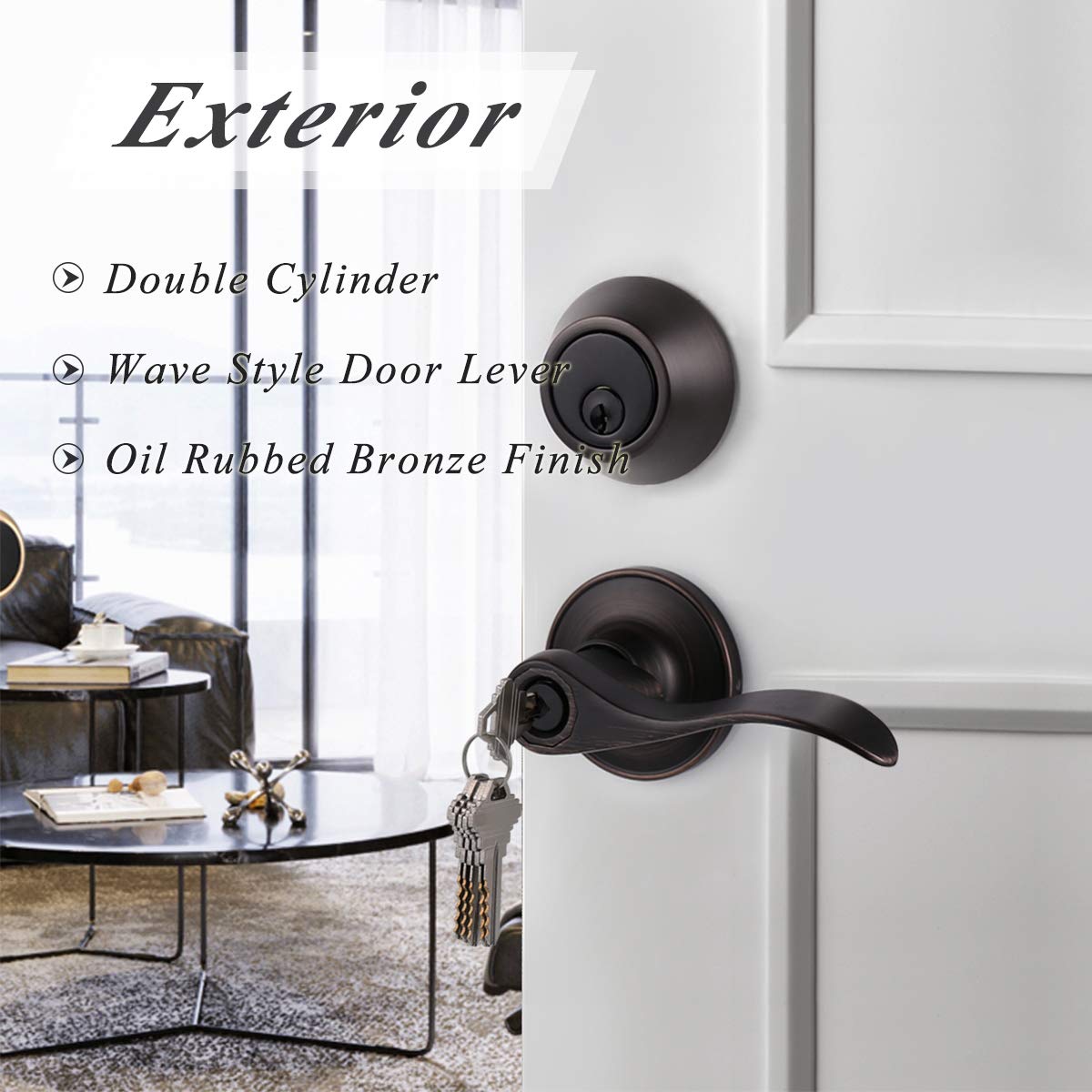 4 Sets Oil Rubbed Bronze Entry Door Lever & Deadbolt Combo Pack - Keyed Alike Exterior/Interior Handlesets with Wave Design - Perfect for Home Security, Apartments & Office Buildings (Contractor Pack)