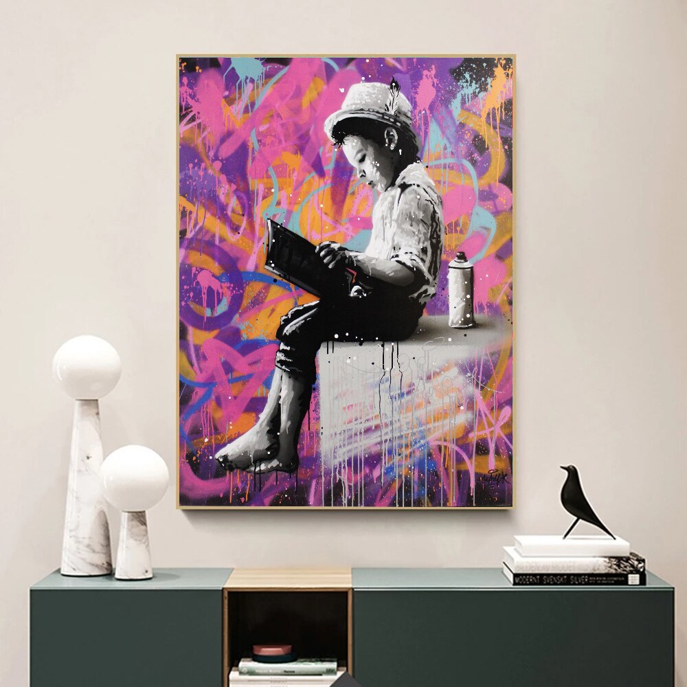 Banksy Graffiti Art Love Boy and Girl Canvas Wall Art Print - Urban Street Art Decor for Living Room, Bedroom & Office