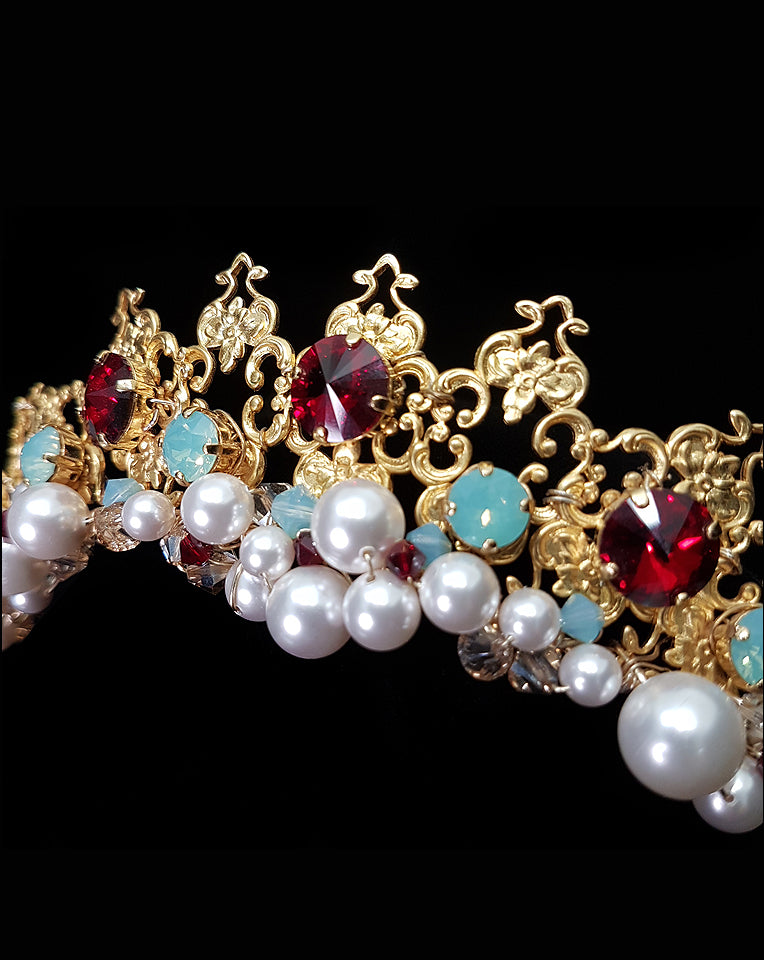 Exquisite Gold and Ruby Italian Princess Wedding Headpiece by Kezani – Perfect for Tuscany Weddings & Royal-Themed Events