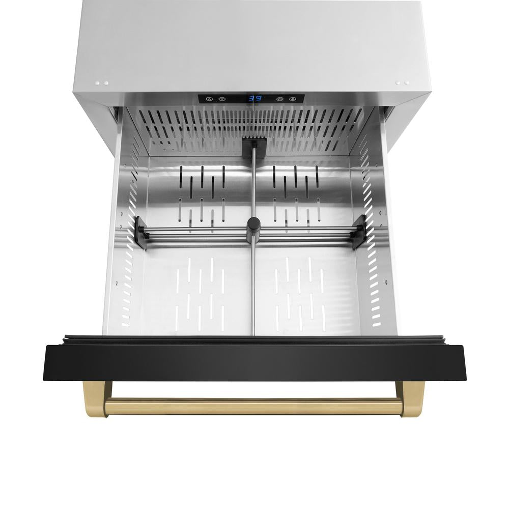 ZLINE Autograph Edition 24 Inch Touchstone 168 Can Outdoor Rated Dual Refrigerator Drawer - Black Stainless Steel Doors with Champagne Bronze Handles (RDSOZ BS 24 CB) | Perfect for Outdoor Kitchens, Patio Bars & Entertaining Areas