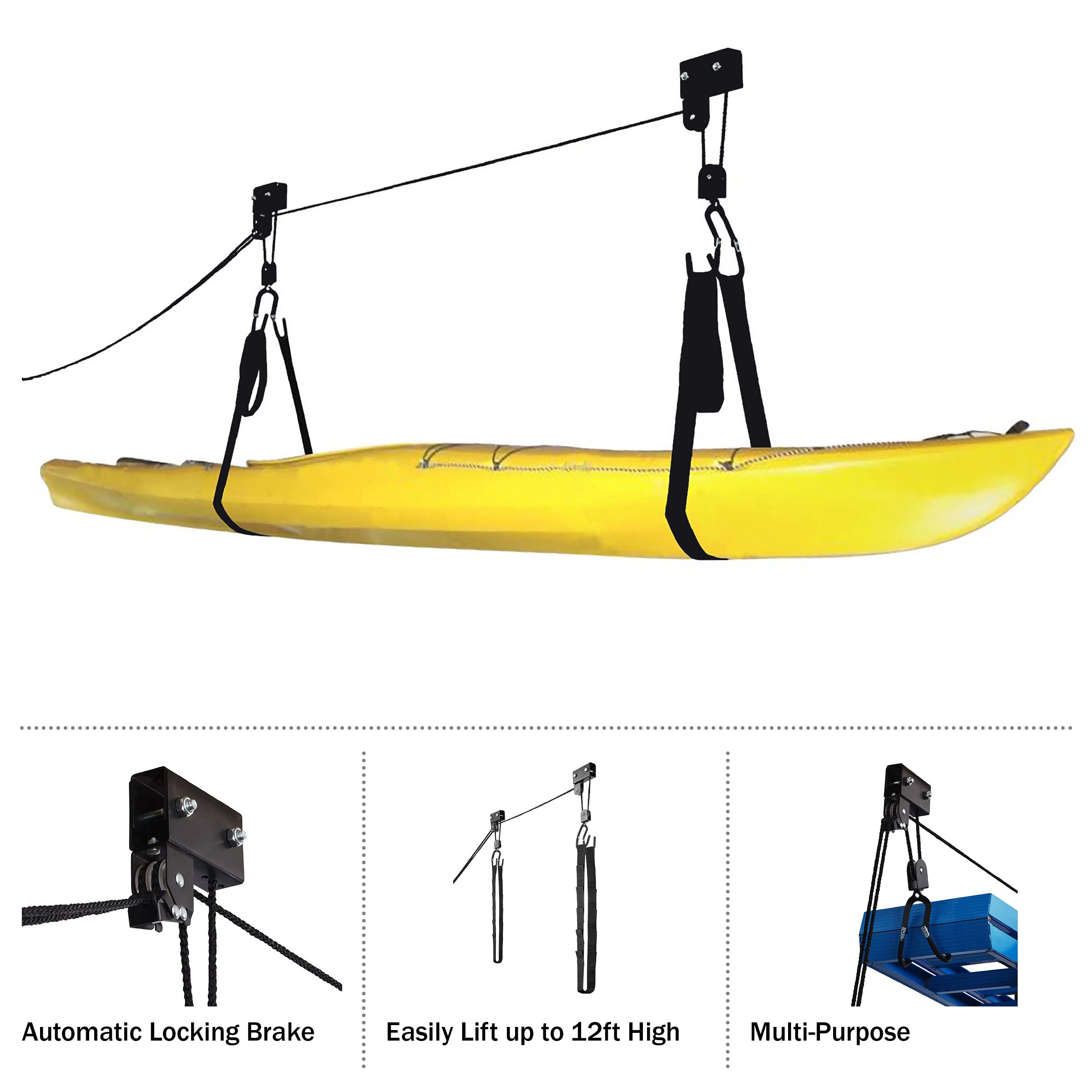 RAD Sportz Kayak Storage Hoists – Set of 4 Heavy Duty Overhead Pulley Systems (125lb Capacity) for Canoes, Kayaks, Bikes, Ladders – Perfect for Garage, Basement & Outdoor Gear Organization