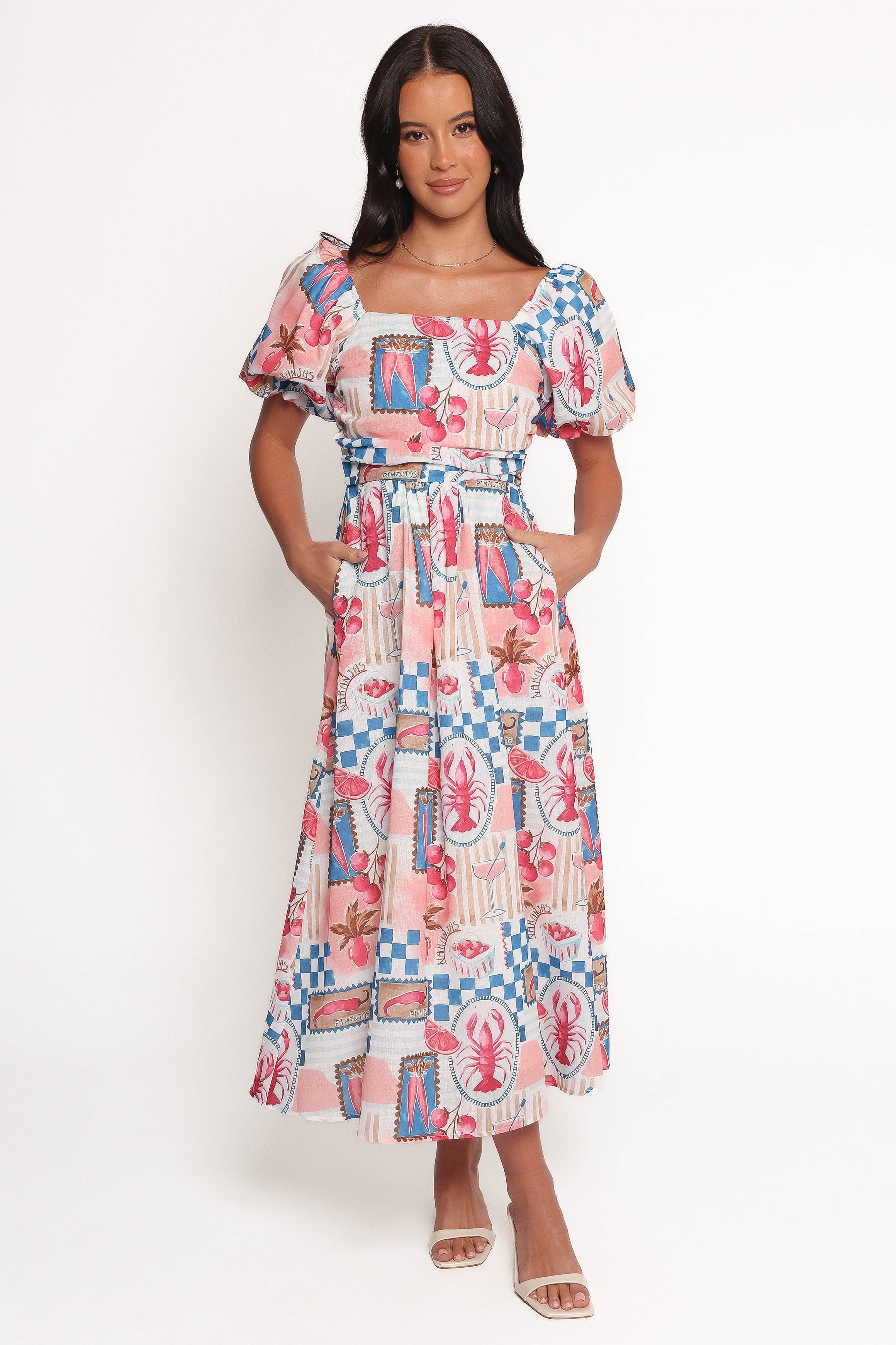 Elegant Clo Puff Sleeve Midi Dress in Pink & Blue - Flowy Summer Dress for Women, Perfect for Weddings, Parties & Date Nights