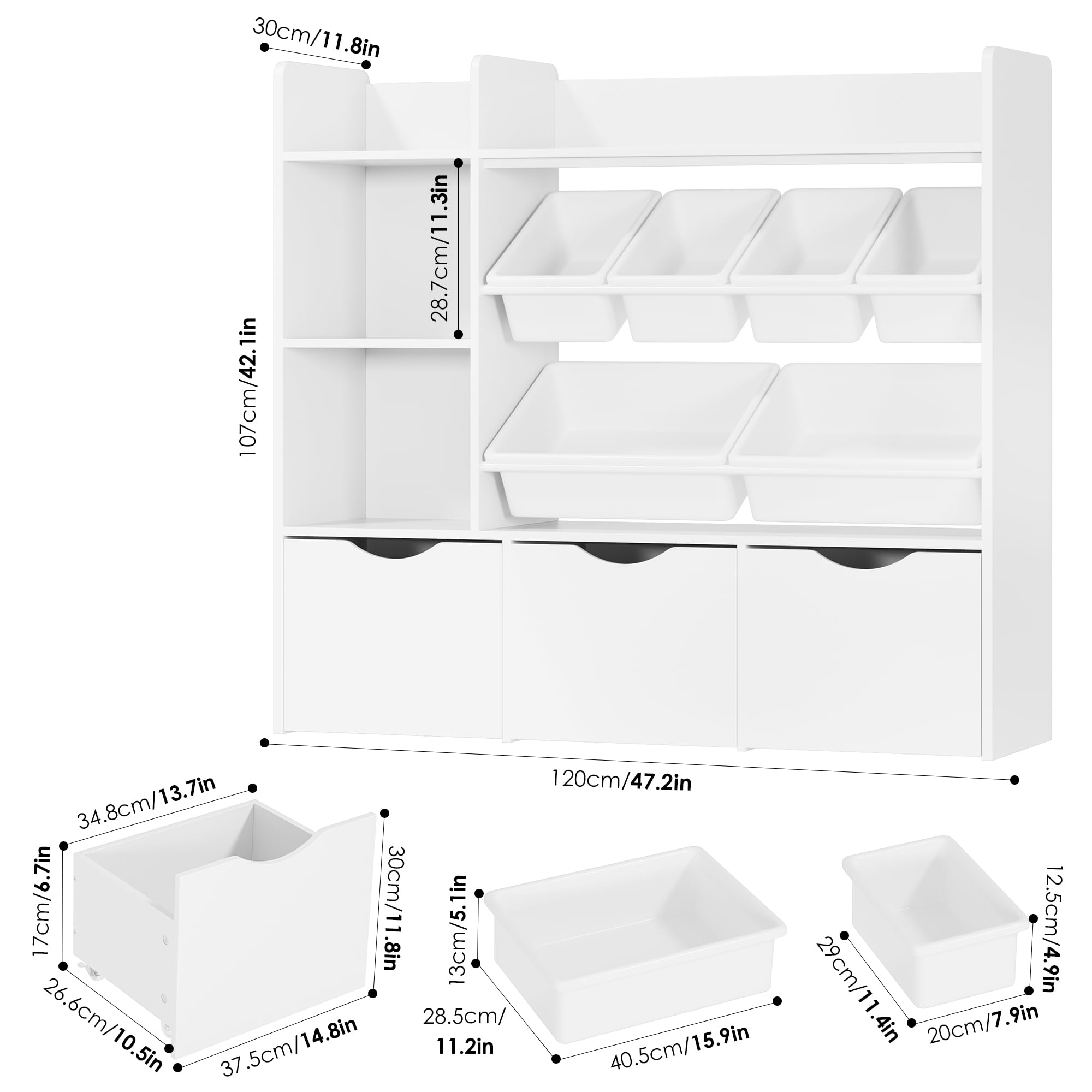 3-Tier Kids Toy Storage Organizer with 6 Plastic Bins & 2 Cubbies - Movable Drawers, Bookshelf & Hidden Wheels - White Toy Chest for Playroom, Classroom & Home Organization