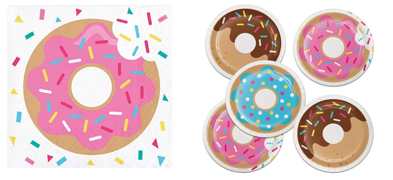 Donut Time 16-Piece Dessert Plates and 16-Piece Beverage Napkins Set - Perfect for Birthday Parties, Baby Showers & Coffee Breaks
