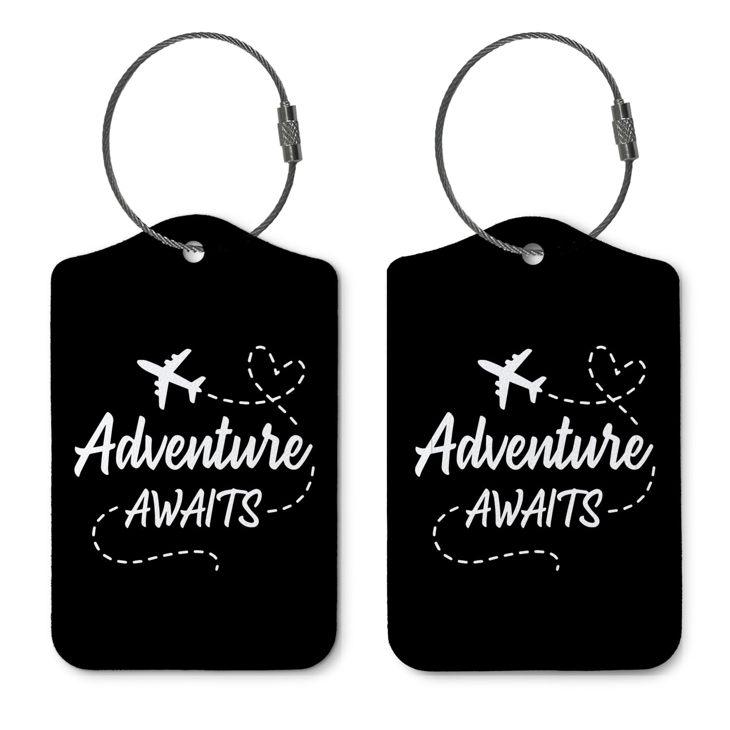 Adventure Awaits Luggage Tags - 2 Pack Black Suitcase Tags with Steel Loop - Perfect Travel Gift for Couples & Funny Party Gifts - Durable Baggage Tags for Handbags, School Bags & Backpacks - Ideal for Air Travel, Vacation & Daily Commute