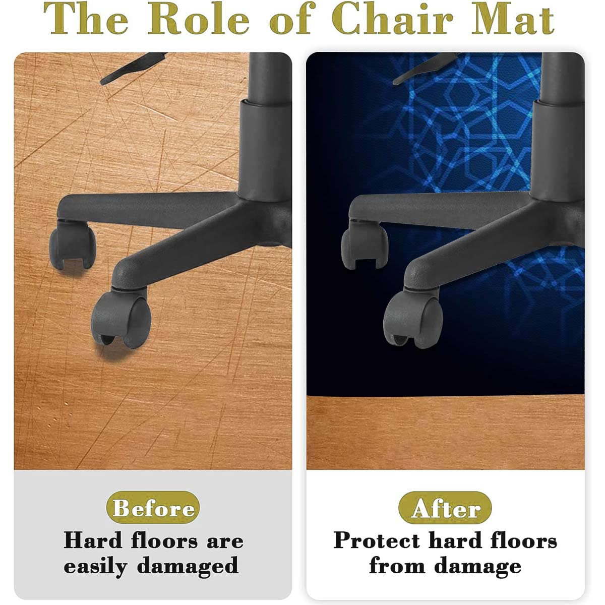 Premium Black & Blue PU Leather Chair Mat for Hardwood Floors - Non-Slip Floor Protector with Bohemian Interlace Circles Design (47.2