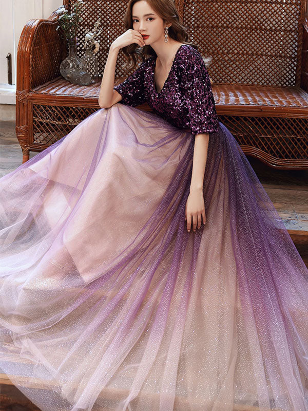 Elegant Purple Sequined Tulle V-Neck Prom Dress for Women - Perfect for Homecoming, Formal Dances & Special Occasions