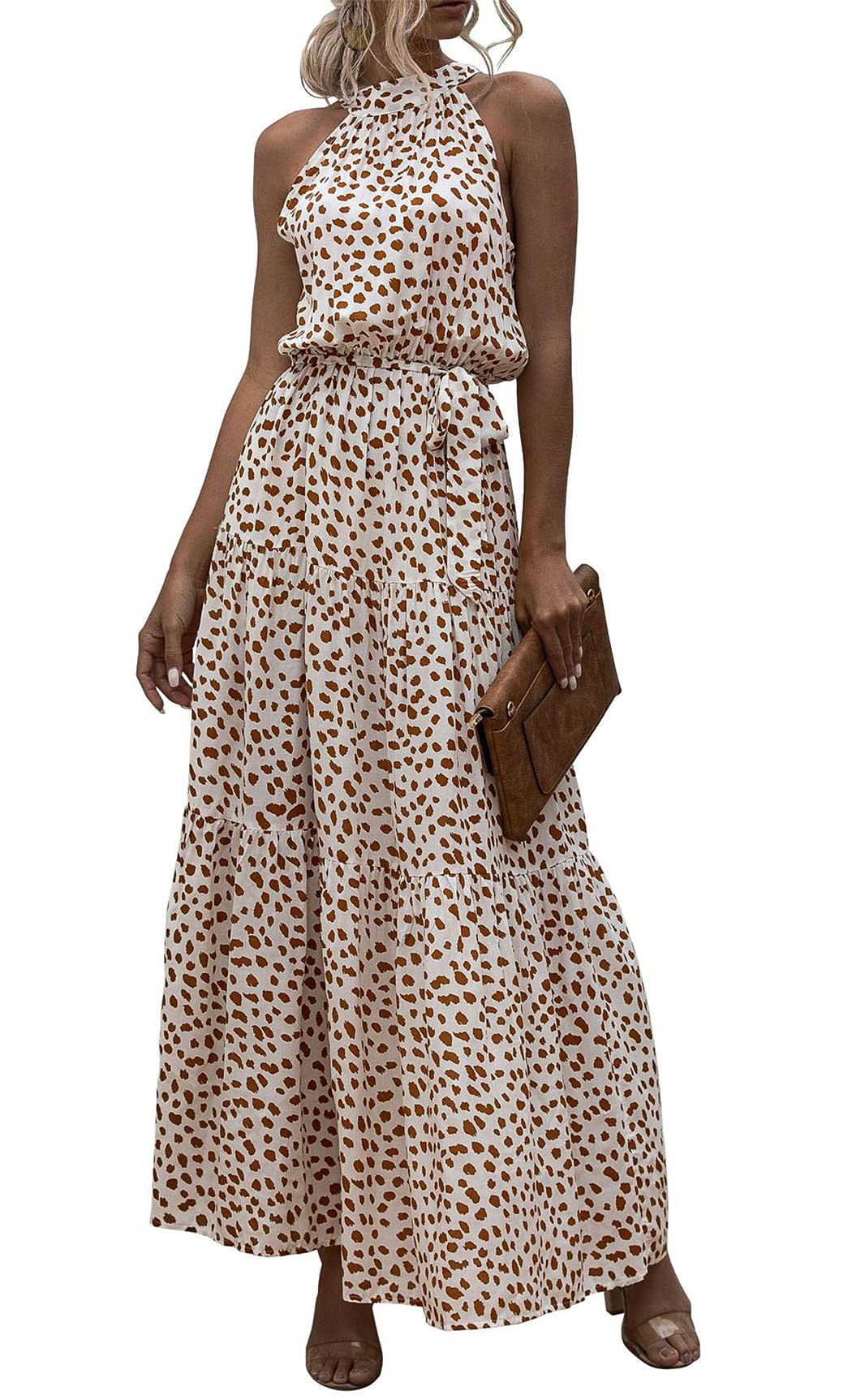 EAFANA Women's Floral Maxi Dress - Summer Boho Sundress with Halter Neck, Sleeveless Design & Ruffle Belt | Perfect for Beach Vacations, Garden Parties & Casual Outings