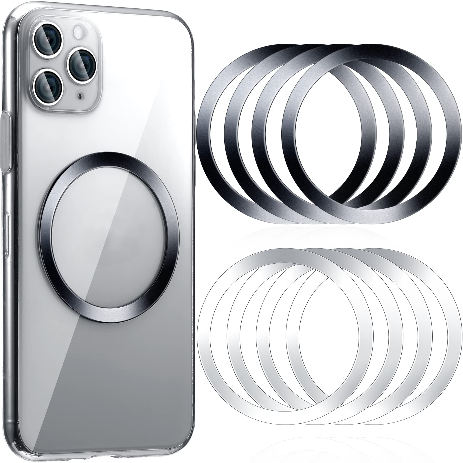 8-Piece Magnetic Car Charger Kit - Universal Metal Rings with Stickers for MagSafe Wireless Charging (Black & Silver) | Perfect for iPhone 12/13/14 Pro Max, Samsung Galaxy & Qi-Enabled Devices | Secure Phone Mounting While Driving