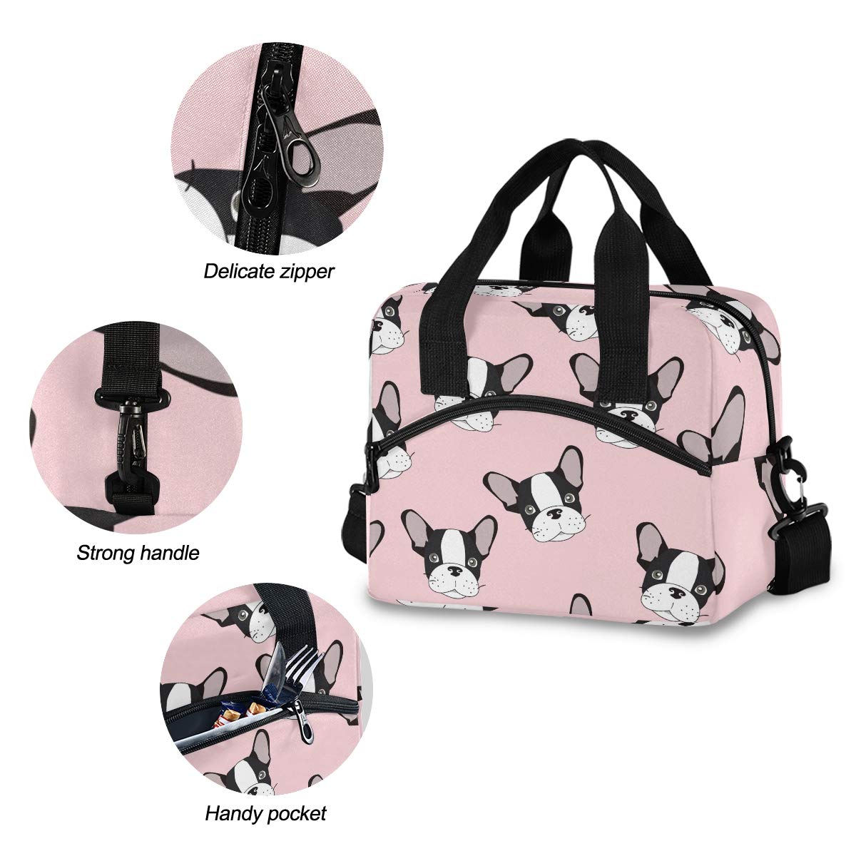 French Bulldog Print Insulated Lunch Bag with Detachable Shoulder Strap & Carry Handle - Eco-Friendly Cooler Tote for School, Work & Picnics | Perfect for Kids, Men & Women