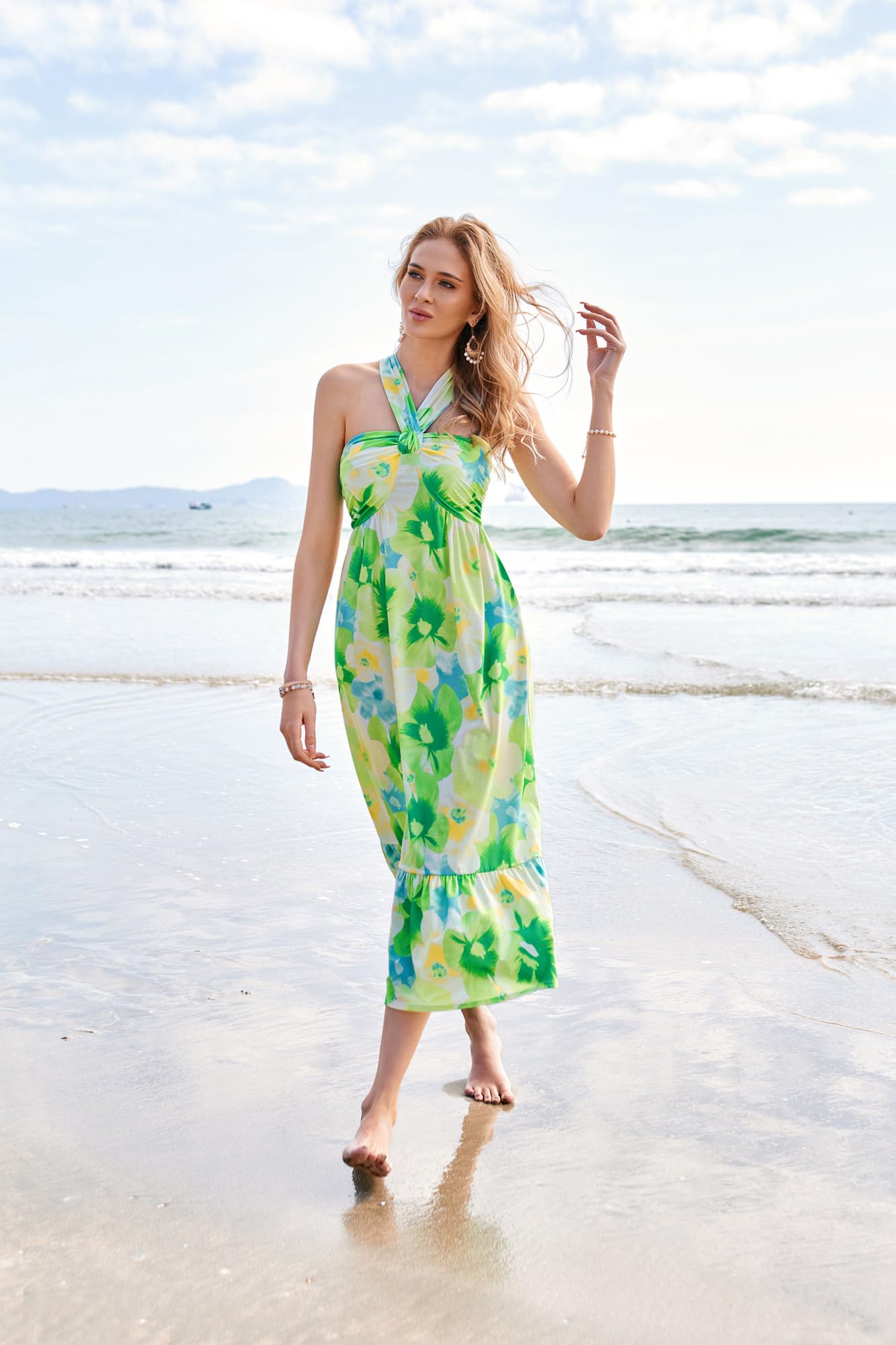 GRACE KARIN Women's Floral Print Criss Cross Halter Maxi Dress - Sleeveless A-Line Summer Beach Dress for Vacation, Wedding Guest & Outdoor Parties