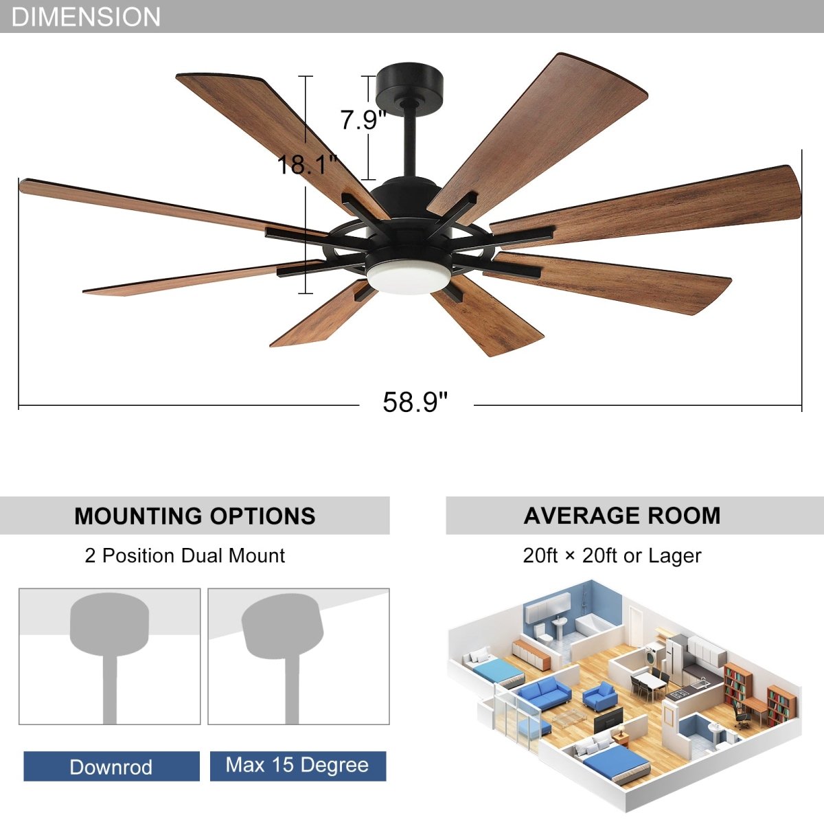 Depuley 60 Inch Large Ceiling Fan with Lights and Remote Control - 8 Plywood Blades, 5 Speed Reversible DC Motor - Modern Farmhouse Ceiling Fan for Living Room, Bedroom, Outdoor Patio (Black Brown/Walnut) - Perfect for Indoor and Outdoor Cooling & Lighting