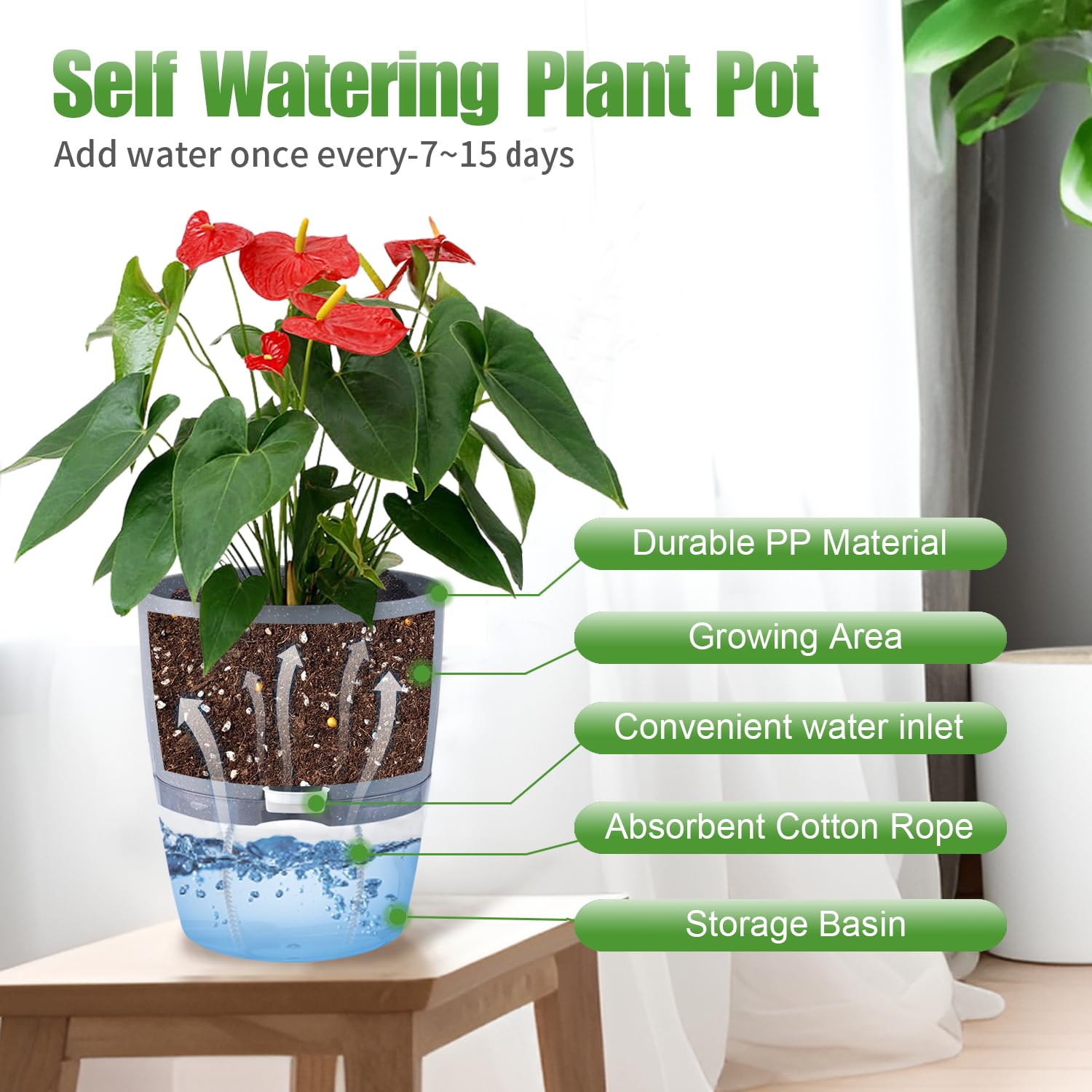 6 Pack Self Watering Plant Pots for Indoor Plants - 6 Inch Grey Plastic Flower Pots with Drainage Holes & Water Level Indicator, Perfect for African Violets, Herbs, Succulents & All Houseplants (Includes 1 Spray Bottle) - Ideal for Home, Office, Balcony & Garden Decor