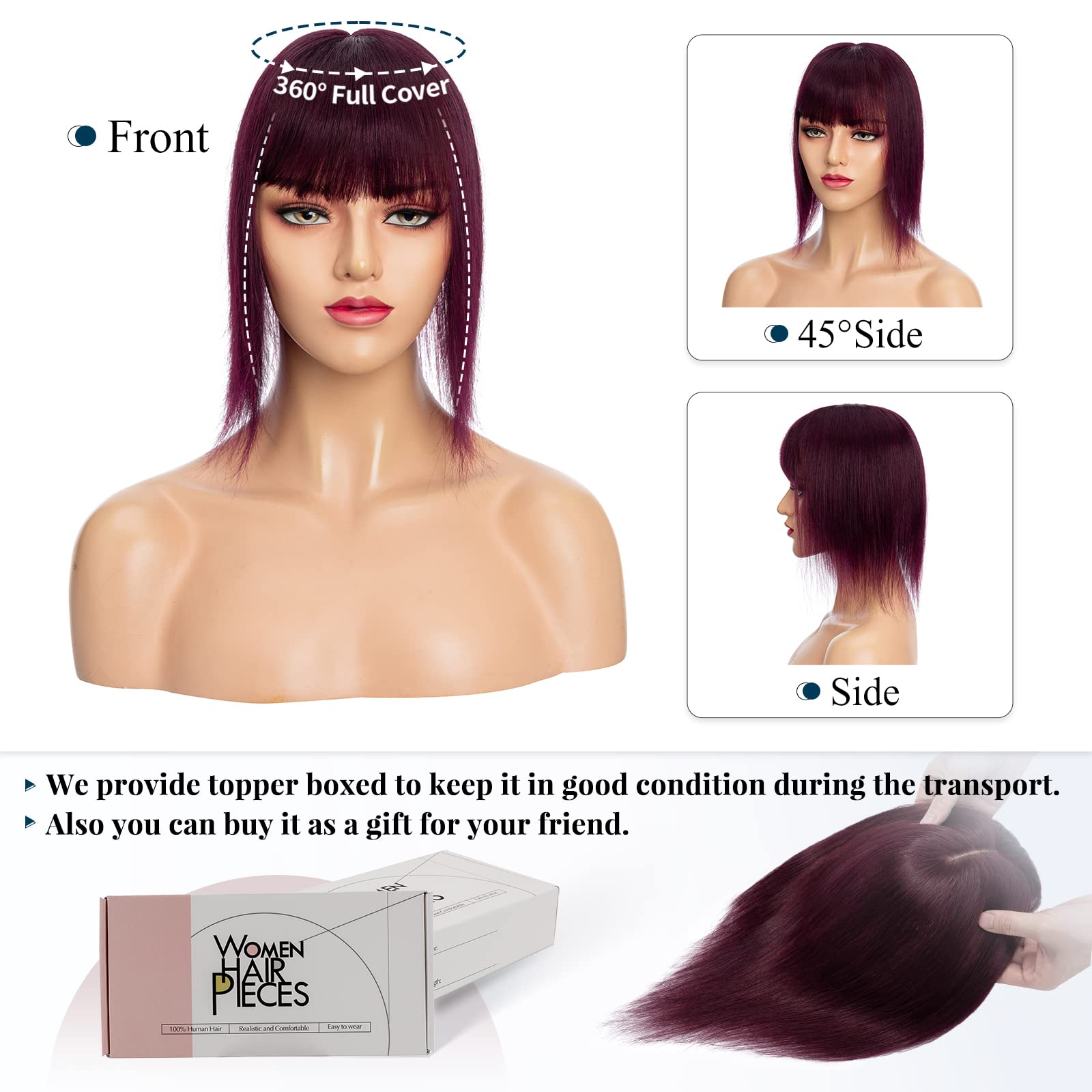 Benehair Clip-in Human Hair Topper with Thin Bangs - 10 Inch Straight Soft Hair Extension for Women with Hair Loss & Thinning - Handmade Silk Base Wiglets - Wine Red #99J - Perfect for Daily Wear, Parties & Special Occasions