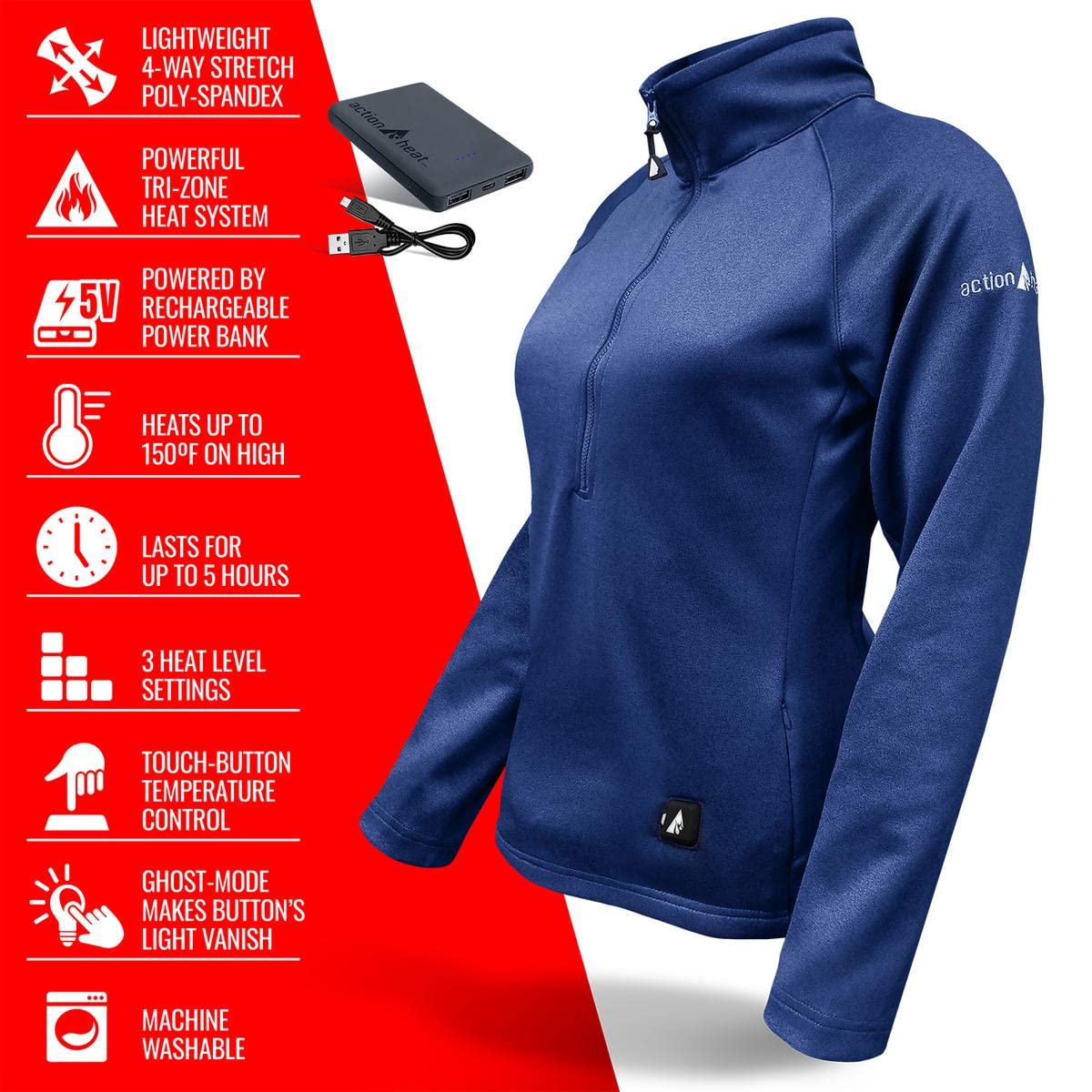 ActionHeat 5V Battery Heated 1/2 Zip Pullover Shirt for Women - 3-Zone Heating System with Touch-Button Technology, Blue XL - Perfect for Outdoor Activities, Winter Sports & Cold Weather Commuting