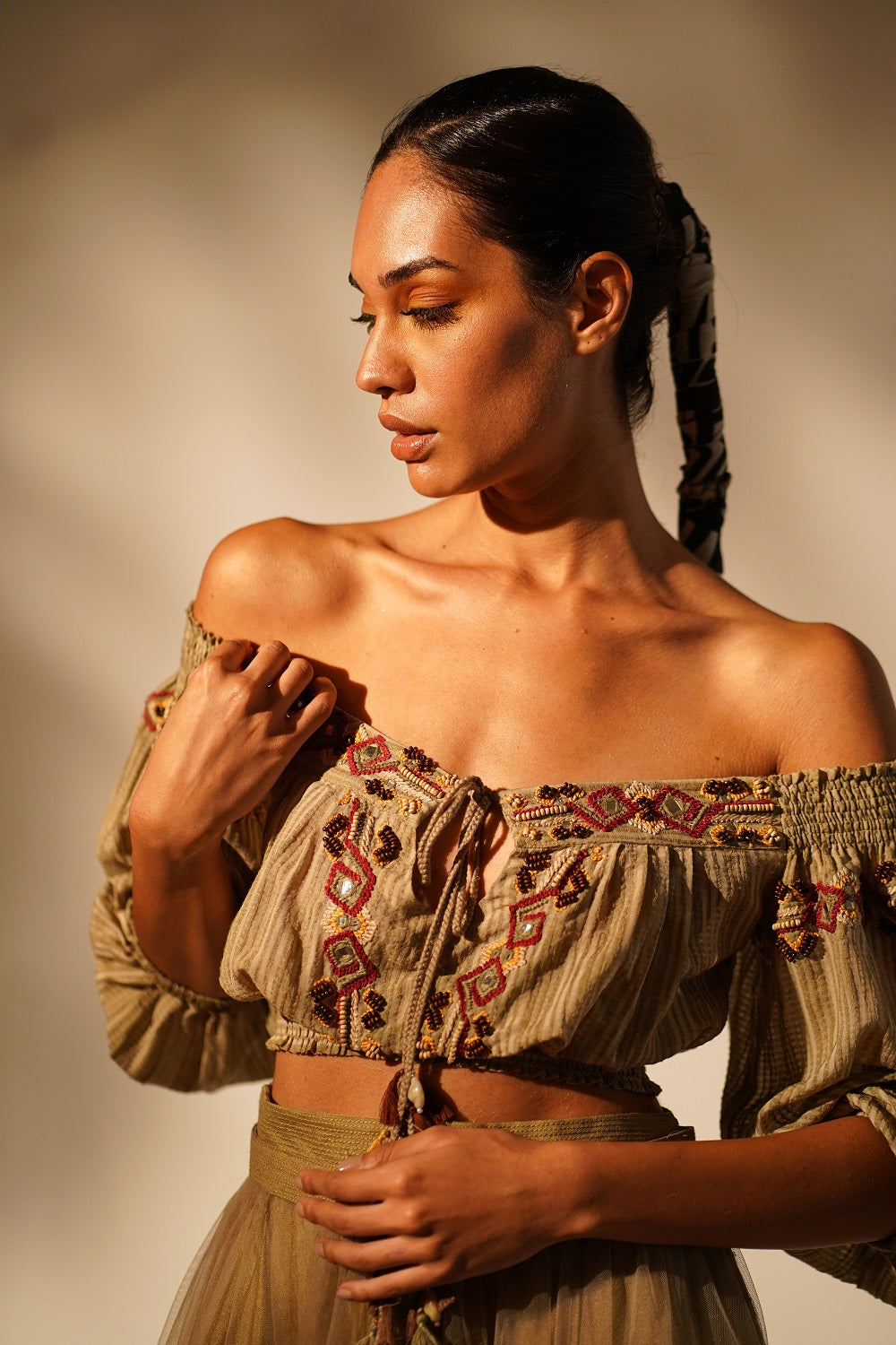Elegant Off Shoulder Beige Blouse with Delicate Embroidery - Perfect for Summer Parties & Boho Chic Outfits