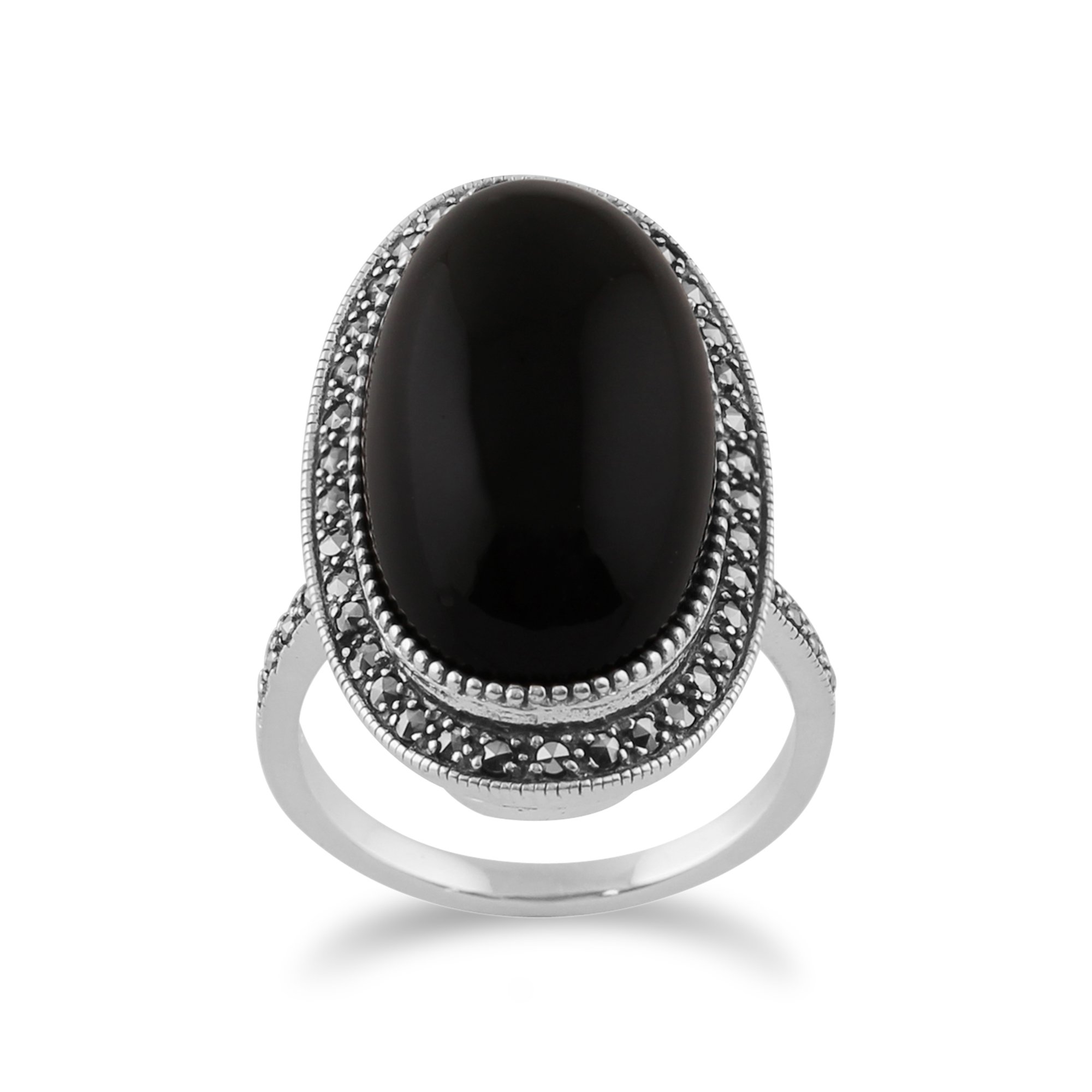 Gemondo Art Deco Style Sterling Silver Ring with 19.33ct Black Onyx & Marcasite - Elegant Oval Cocktail Ring for Women | Perfect for Evening Parties, Weddings & Special Occasions