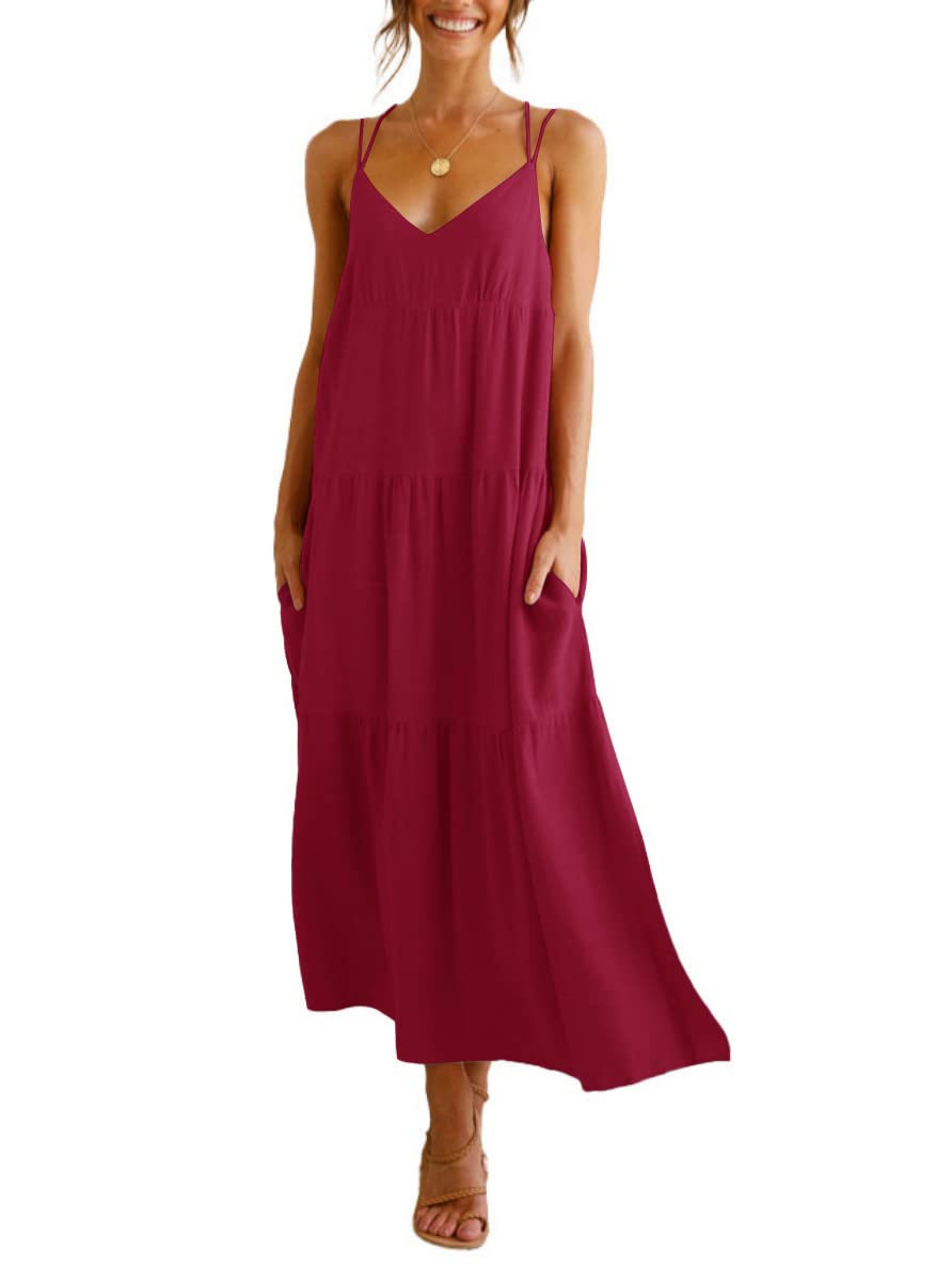 Febriajuce Women's Summer Maxi Dress - Casual Spaghetti Straps V-Neck Backless Cami Dress with Pockets | Beach Cover Up, Vacation Outfit, Date Night Dress