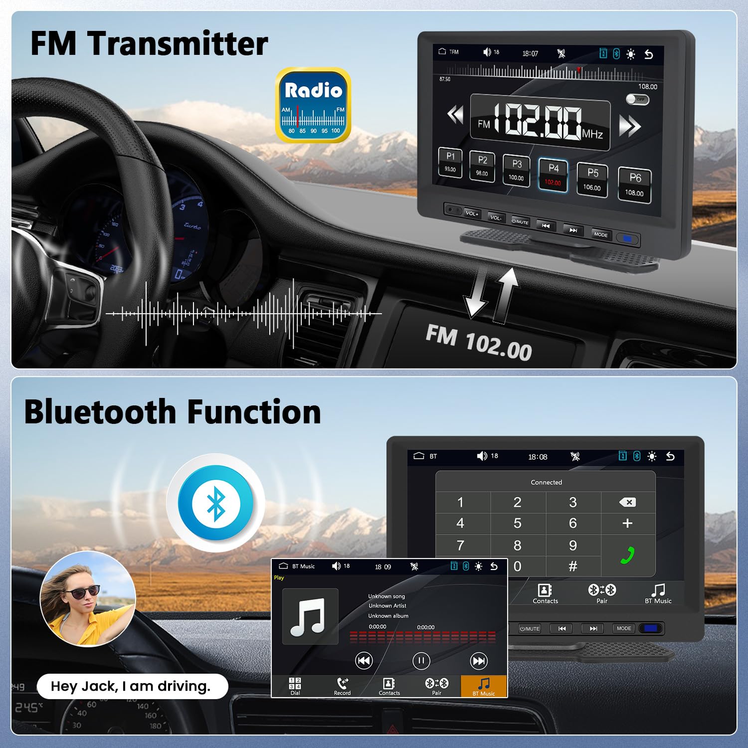 7-inch Portable Car Stereo with Wireless Apple CarPlay & Android Auto - Touchscreen Bluetooth FM Receiver with Steering Wheel Control, Voice Command & AUX Input (7V-32V) - Perfect for Road Trips, Commuting & Hands-Free Driving