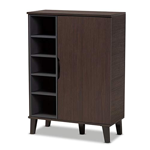 BOWERY HILL Mid Century Modern 1-Door Shoe Cabinet - 15 Pair Shoe Storage Organizer with Two-Tone Dark Brown & Gray Finish - Perfect for Entryway, Closet, or Bedroom Organization