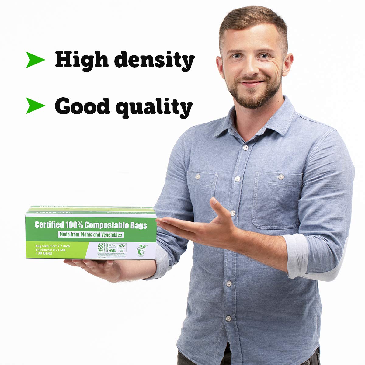 Eco-Friendly 3 Gallon Compostable Trash Bags - 100 Count Small Compost Bags for Kitchen Countertop Bin | Extra Thick 0.71 Mil | ASTM D6400 Certified by BPI & TÜV Austria | Perfect for Organic Waste, Food Scraps & Home Composting