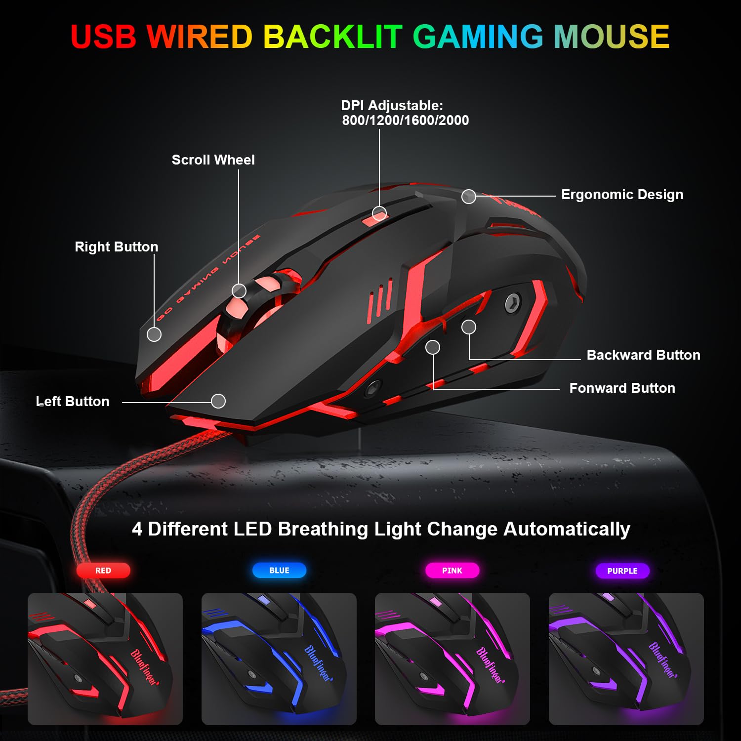 BlueFinger RGB Gaming Keyboard and Mouse Combo - Wired USB Backlit Mechanical Keyboard with Ergonomic Gaming Mouse for PC, Laptop - Perfect for Gaming, Work, and Office Use (Black & White)