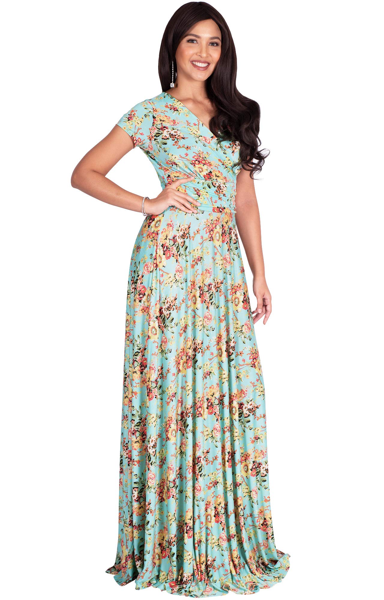 KOH KOH Women's Long Maxi Summer Dress - Floral Print Short Sleeve Flowy Modest Gown for Beach, Vacation & Casual Wear