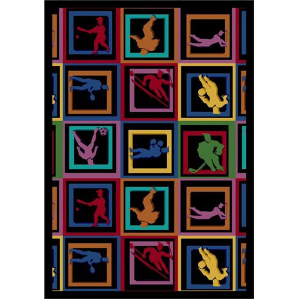 Joy Carpets Sports Fan Let The Games Begin Multicolored Area Rug - Perfect for Game Rooms, Living Rooms, and Sports-Themed Spaces
