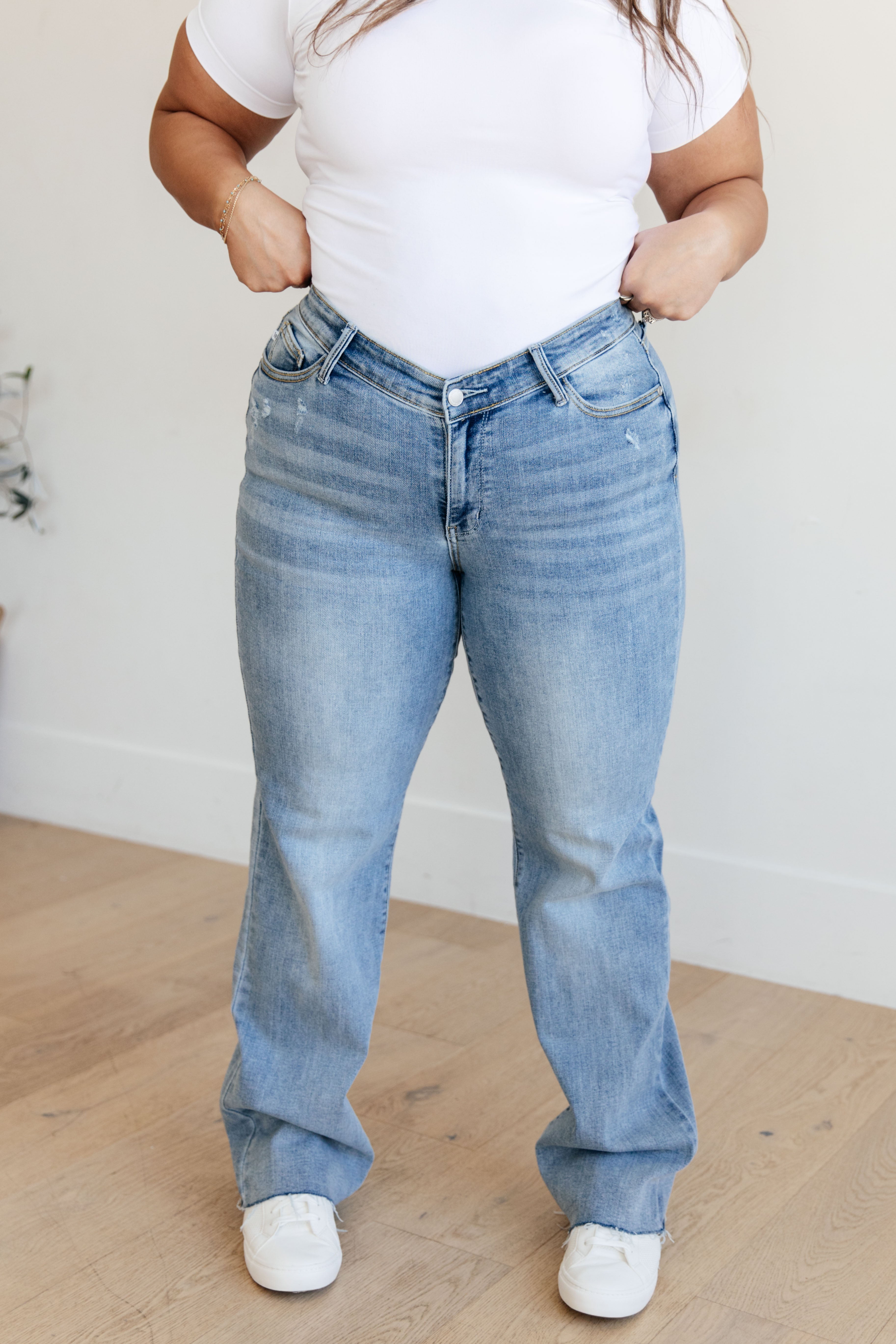 Mildred High Rise V Front Waistband Straight Leg Jeans for Women | Comfortable Stretch Denim Pants | Perfect for Casual Wear, Office & Date Night