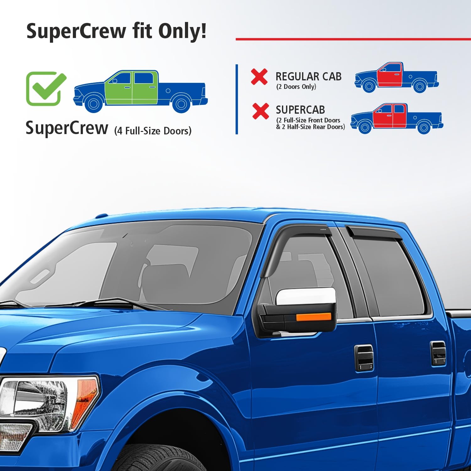 Goodyear Shatterproof Window Deflectors for Ford F150 2009-2014 SuperCrew - 4-Piece Tape-On Rain Guards & Vent Visors - Durable Truck Accessories for Weather Protection & Improved Airflow - Perfect for Rainy Days & Highway Driving