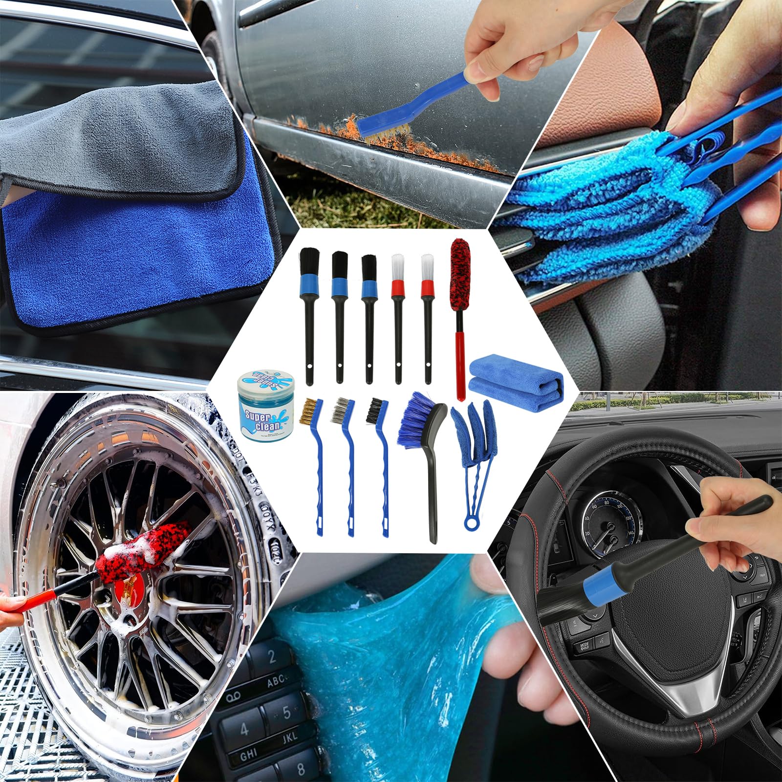 13-Piece Premium Car Detailing Kit - Interior & Exterior Cleaning Set with Detailing Brushes, Wire Brush, Air Vent Brush, Microfiber Towel & Wheel Brush - Perfect for Car Wash, Dashboard & Vent Cleaning