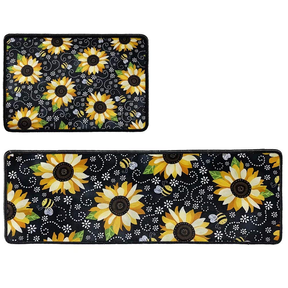 GIFTPUZZ Non-Slip Kitchen Rug Set - Bee & Sunflower Design, Machine Washable, Water Absorbent, Soft Floor Mat for Kitchen, Hallway, Bedroom & Living Room (Black & Yellow) - Perfect for Farmhouse Decor & High Traffic Areas